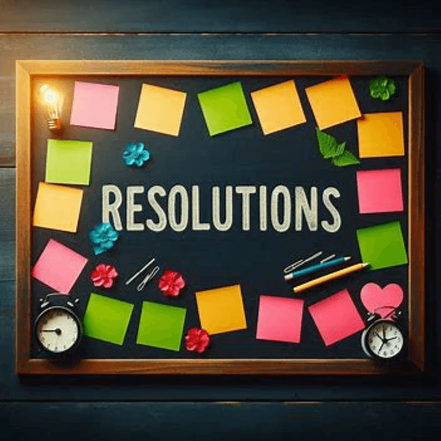 prendre une résolution. Tableau noir avec pleins de post-it de couleurs et le mot résolutions écrit en blanc au centre