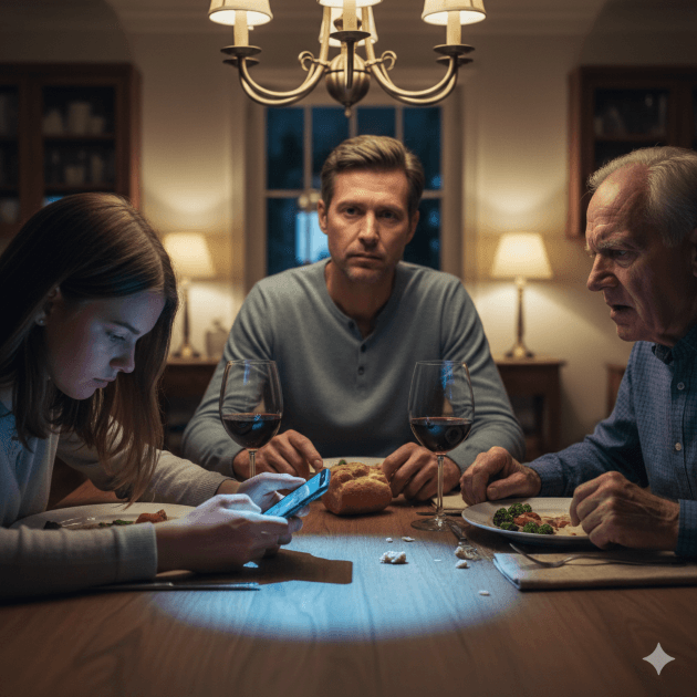 Comment gérer les conflits de générations ? 15 Conflit de générations : Photographie d'un repas de famille montrant trois générations. Au centre, un adulte regarde l'objectif avec une expression lasse. À sa gauche, une adolescente est penchée sur son smartphone, le visage éclairé par la lumière bleue de l'écran. À sa droite, un vieil homme regarde la jeune fille d'un air agacé