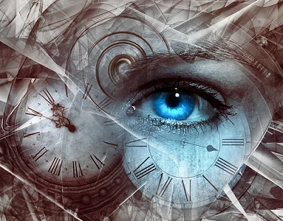 Œil bleu entouré de cadrans d'horloge symbolisant le temps. Image pour qui-suis je 