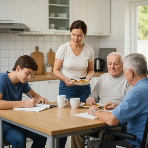 Aidants génération sandwich. situation dans une cuisine, une femme aidante prépare un repas pour un aidé en fauteuil tout en surveillant son fils adolescent qui fait ses devoirs