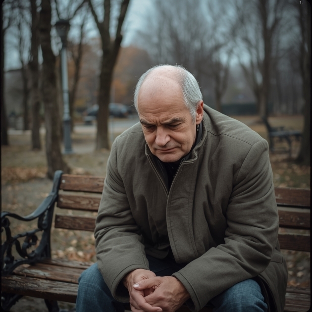 blues saisonnier homme de 50 ans assis sur un banc dans un parc en hiver. Il semble déprimé, triste