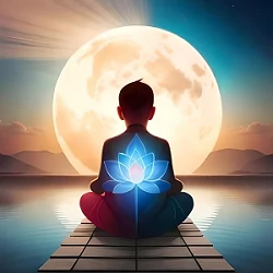 Sagesse orientale enfant de dos assis en tailleur regardant la lune. Une lumière de fleur de lotus est dans son dos