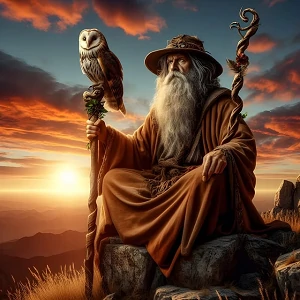 Sagesse vieux sage avec un hibou