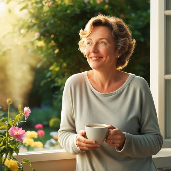 Vivre seul et heureux : le pouvoir de la solitude choisie 1 Vivre heureux et seul. Femme seule et souriante devant une fenêtre symbolisant le fait d'apprécier un moment de solitude