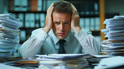 adulte homme prenant la tête dans ses mains se sentant submergé par les piles de dossiers à ses côtés