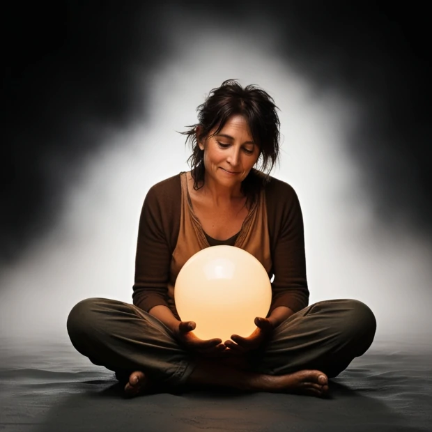 De l’ombre à la lumière : Trouvez le chemin de votre vraie nature 1 Femme souriante qui tient une boule lumineuse symbolisant sa lumière intérieure. Fond sombre. La femme est assise en tailleur
