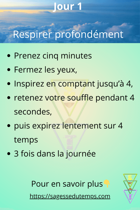 Jour 1 du défi 28 jours de sagesse et de bien être. Respirez profondément. Prenez 5 minutes. Fermez les yeux. Inspirez en comptant jusqu'à 4. Retenez votre souffle pendant 4 secondes. Puis expirez lentement sur 4 temps. A répéter 3 fois dans la journée