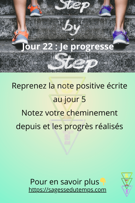 Jour 22 du défi 28 jours de sagesse et de bien être : Je progresse. Reprenez la note positive du jour 5 et notez les changements depuis