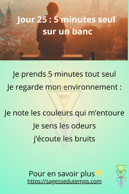 Jour 25 du défi 28 jours de sagesse et de bien être : 5 minutes seul sur un banc. Je note les couleurs qui m'entoure, je sens les odeurs, j'écoute les bruits