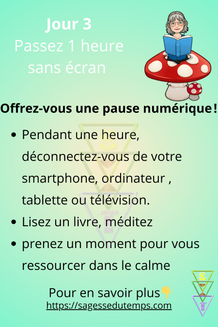 Jour 3 du défi 28 jours de sagesse et de bien être. Offrez vous une pause numérique; Pendant une heure, lisez un livre, méditez, prenez un moment pour vous ressourcer dans le calme