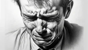 Deuil. Croquis noir et blanc homme en pleurs