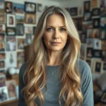 Se libérer de la Pression familiale; Femme blonde devant un mur rempli de portraits familiaux reflétant le poids du passé et les attentes de la famille