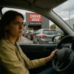 Attendre sans stress femme au volant dans une file d'attente de voiture.