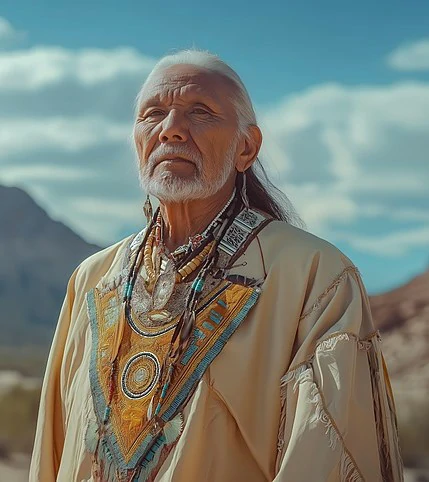 S'agesse. Amérindien en costume traditionnel incarnant la sagesse de l'expérience