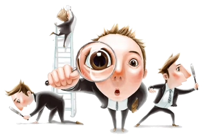 caricature d'un homme regardant dans une loupe avec un gros œil