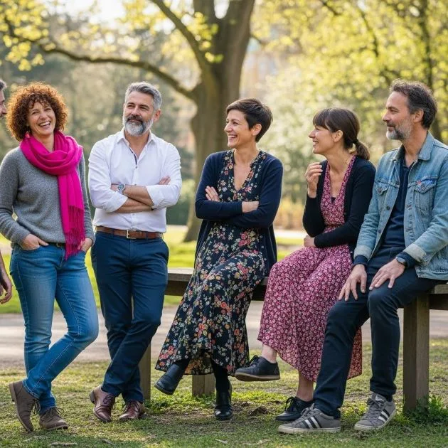 Impression plus vieux- groupe de personnes quinquagénaire dans un parc qui discutent décontractés