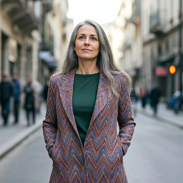 Peur de vieillir et de devenir invisible : femme d’environ 50 ans, cheveux long gris assumés, regard franc et serein, debout en pleine rue, légèrement en contre-plongée. Elle porte des vêtements modernes, colorés, et regarde vers l’horizon, les mains dans les poches. En arrière-plan : une foule floue qui passe, sans la voir, symbolisant l’invisibilité sociale. L’éclairage met en valeur son visage, affirmant sa présence et sa dignité. Cette image incarne la résistance silencieuse face à l’effacement et la volonté de redéfinir le vieillissement