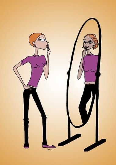 caricature d'une femme en pied et voit son apparence plus vieille dans un miroir