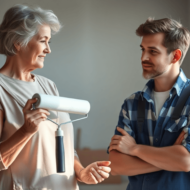 Rebondir après 50 ans : en Finir avec les Préjugés, Miser sur l’Expérience 1 Rebondir après 50 ans- femme 50 ans "mentor" qui tient un rouleau de peinture. Elle transmet son expérience et explique son savoir-faire à un jeune apprenti.
