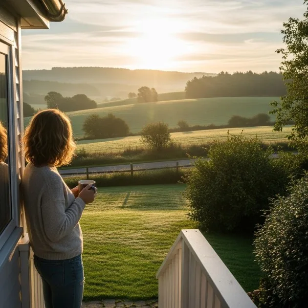 Slow Life : Redécouvrir les bonheurs Simples pour une Vie Épanouie 1 Slow Life Femme debout avec une tasse dans les mains regardant un lever de soleil symbolisant les bonheurs simples