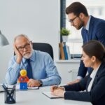 Infantilisation au travail des seniors. Dans un bureau un senior se sent rabaissé par deux collaborateurs et une figurine infantilisante