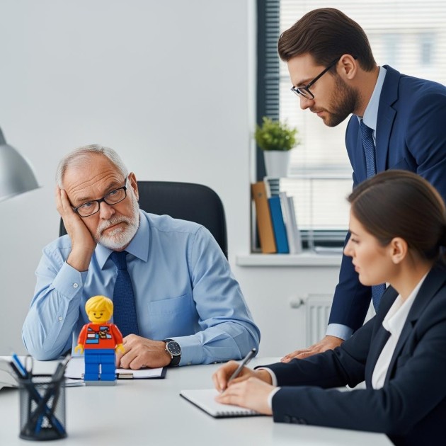 L’infantilisation des seniors au travail : un obstacle à la transmission et à l’autonomie 1 Infantilisation au travail des seniors. Dans un bureau un senior se sent rabaissé par deux collaborateurs et une figurine infantilisante