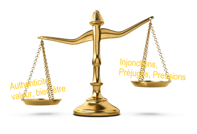 Accompagnements 1 Balance doré du côté lourd authenticité, valeur et bien-être et du côté léger préjugés, injonctions pressions