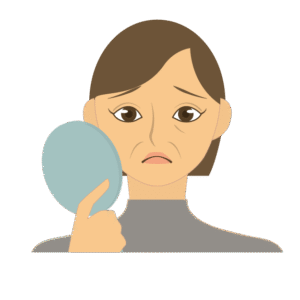 vieillir heureux illustration dame triste qui tient un miroir