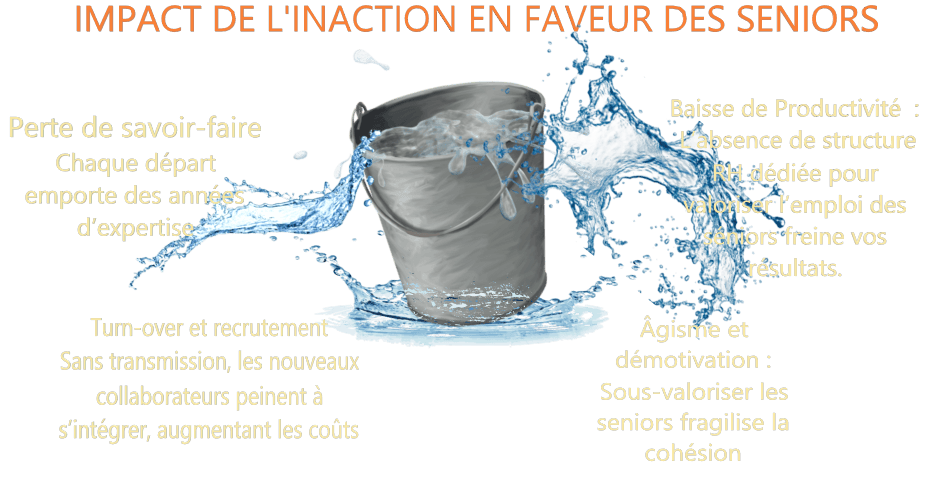 schéma d'un seau qui se renverse avec les impacts de l'inaction : perte du savoir faire, turn over, âgisme et démotivation, baisse de productivité