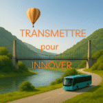 Ardèche surfond granuleux type papier à dessin canson, paysage de l'Ardèche avec une montgolfière, pont suspendu et un bus moderne