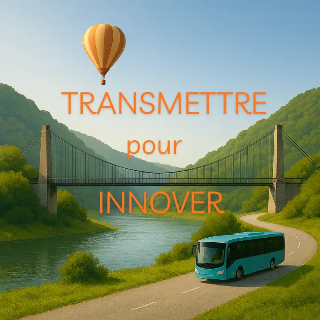 Ardèche Paysage de l’Ardèche sur fond granuleux type papier Canson, avec montgolfière, pont suspendu et bus moderne, symbolisant l’innovation du territoire