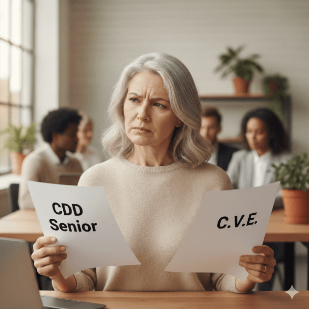 Contrat CDD Senior vs CVE : Comparatif pour l'emploi des seniors. Femme hésitante qui tient dans ses mains les contrats