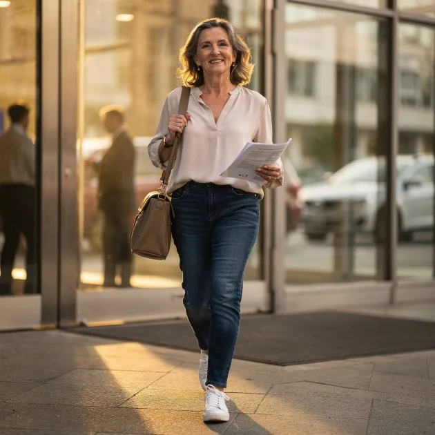 Autonomie emploi senior femme 50 ans en fin de carrière souriante et épanouie