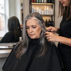 couper cheveux. Femme aux cheveux longs et gris chez le coiffeur