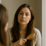 Faut il se couper les cheveux à 50ans ? femme brossant ses cheveux longs s'interroge devant le miroir