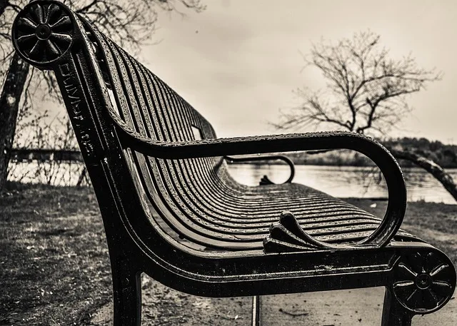photo noir et blanc d'un vieux banc